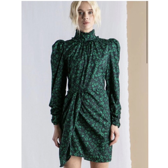 Zara Dresses & Skirts - ZARA Draped Floral Turtleneck Long-sleeve Dress (Green & Navy) Size: MEDIUM
